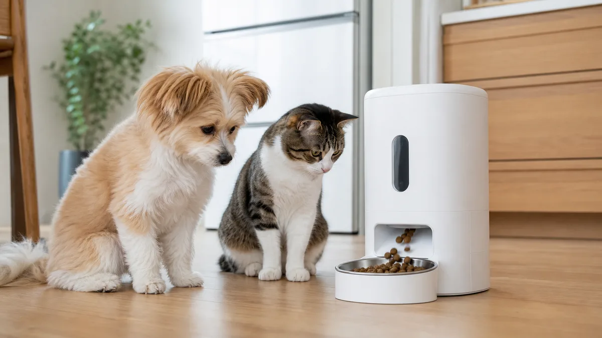 自動給餌器の前で待つ犬と猫
