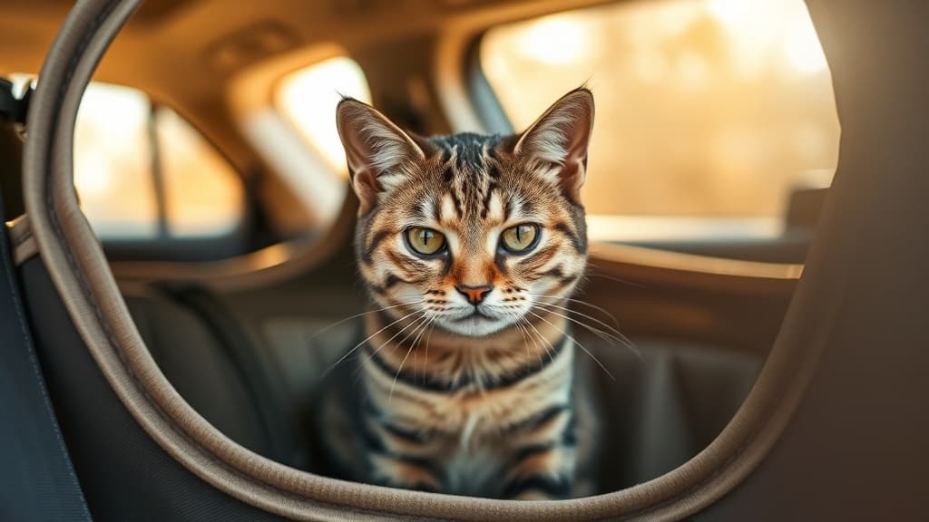 車内でキャリーの中にいる茶トラ猫が不安そうな表情を見せている様子
