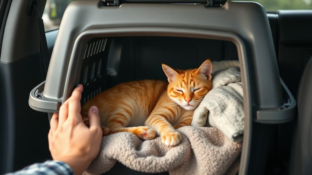 車内のキャリーケースで毛布に包まれて落ち着いている茶トラ猫と飼い主の手