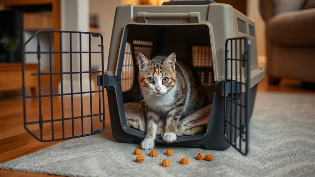 キャリーケースに慣れた猫が自然に入っている様子。おやつが入り口付近に置かれ、リラックスした表情