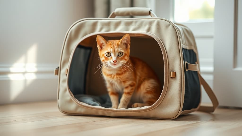 キャリーバッグの中でリラックスする茶トラ猫の写真。ペット用品と猫の快適さを表現した温かい室内シーン