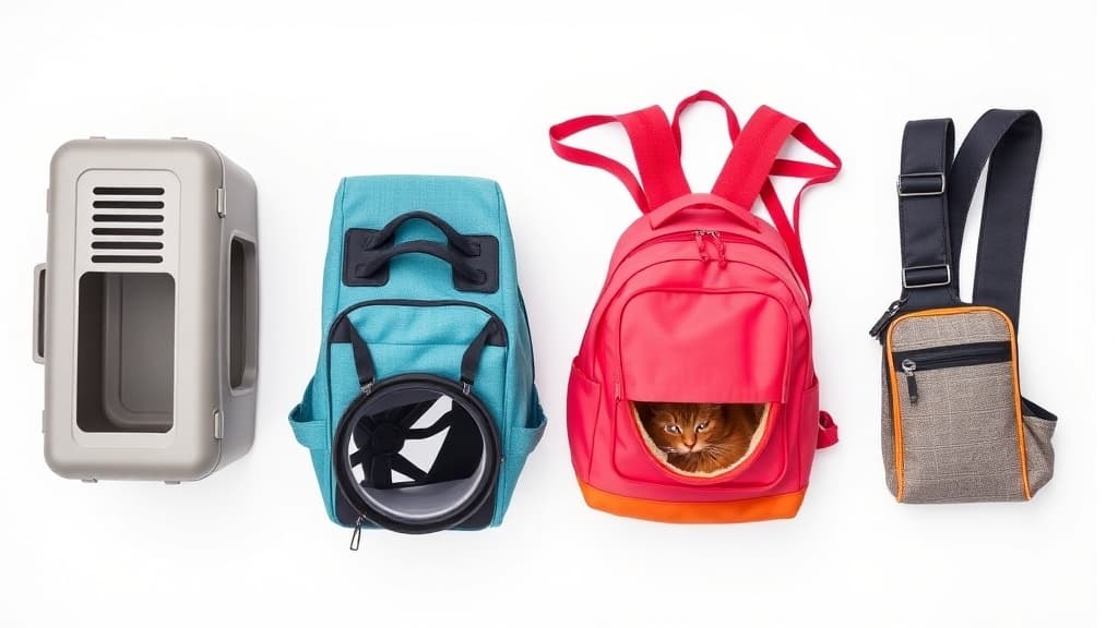 4種類の猫キャリーバッグの比較画像：ハードプラスチック製、ソフト布製、リュック型、スリング型を横一列に配置