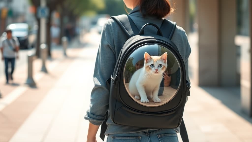 街中を歩く女性が背負うペット用キャリーバッグから外を見つめる白い子猫