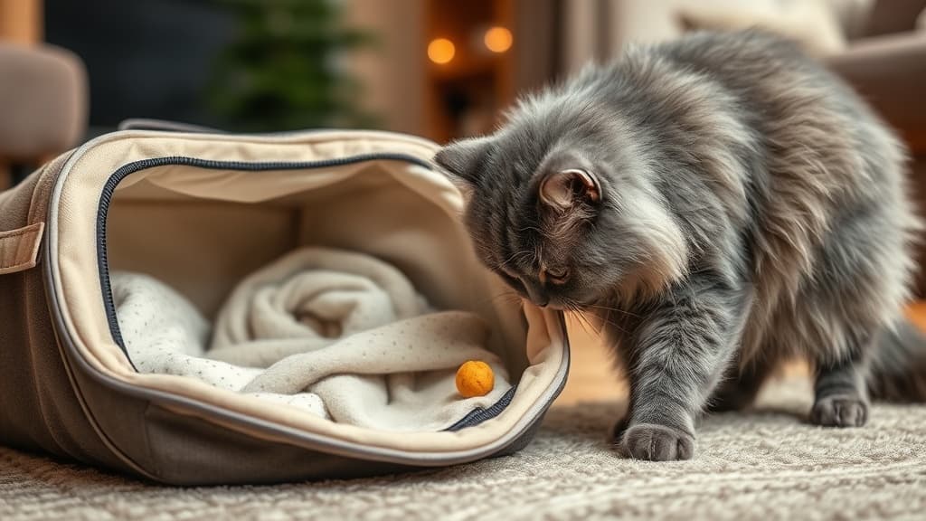 キャリーバッグを探索するグレーの猫、中にはブランケットとおやつが置かれ慣れさせる様子