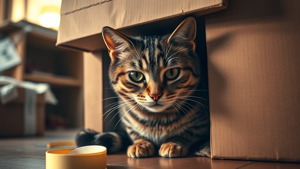 段ボール箱の下に隠れてストレスを感じている茶トラ猫。引っ越しによる猫のストレス状態を表現