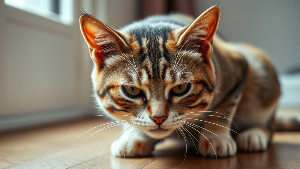 引っ越し後のストレスで警戒している茶トラ猫のクローズアップ写真