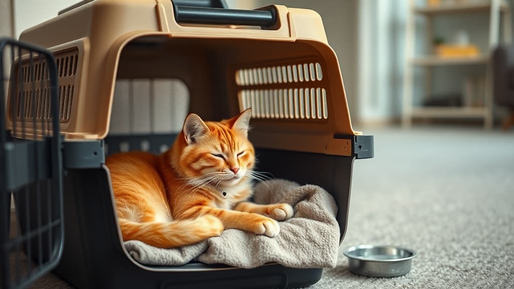 引っ越し当日に安全な場所でキャリー内のブランケットの上でリラックスしている茶トラ猫