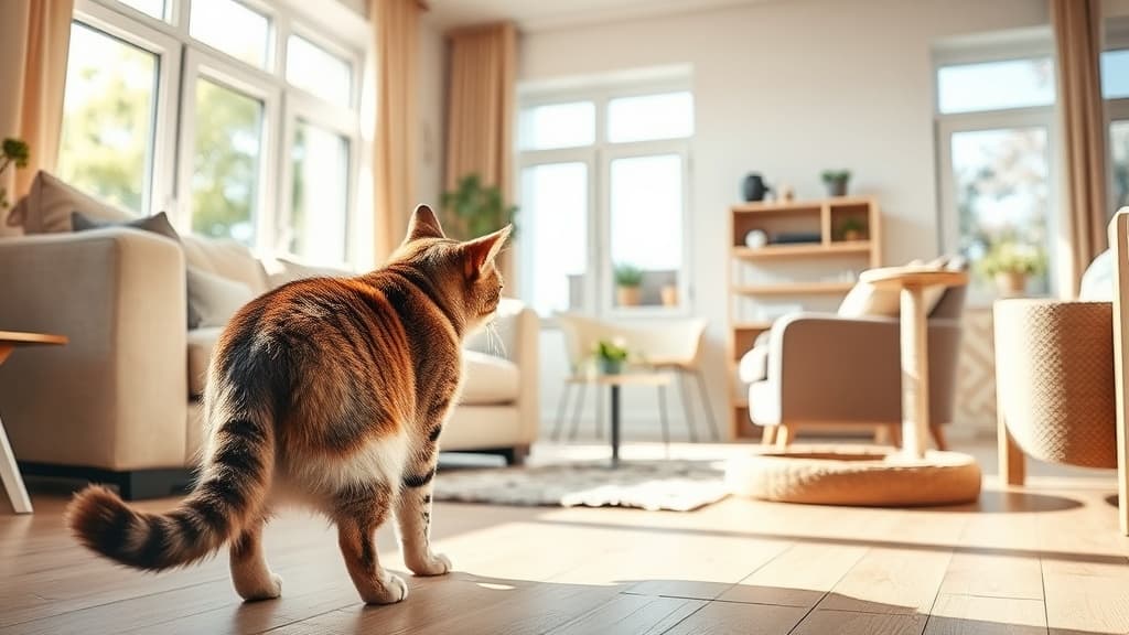 新居のリビングルームで尻尾を立てて探索する猫、引っ越しストレス対策で配置された家具