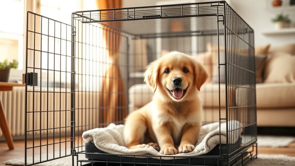 クレートの中で嬉しそうに舌を出すゴールデンレトリーバーの子犬とリビングルームの温かい雰囲気