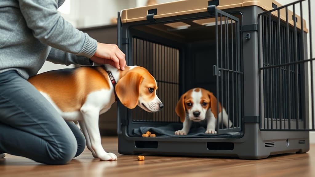 犬のクレートトレーニング7日間プログラムDay1-2：飼い主がビーグル犬にクレート入口でおやつを与える様子