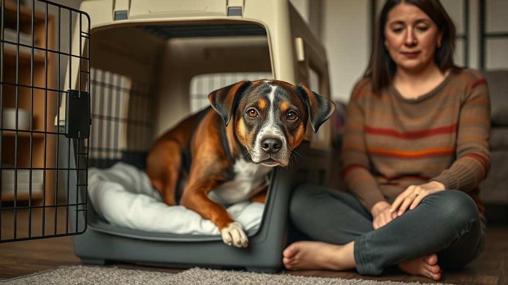 クレートに慣れた成犬の保護犬と飼い主が穏やかに過ごす様子