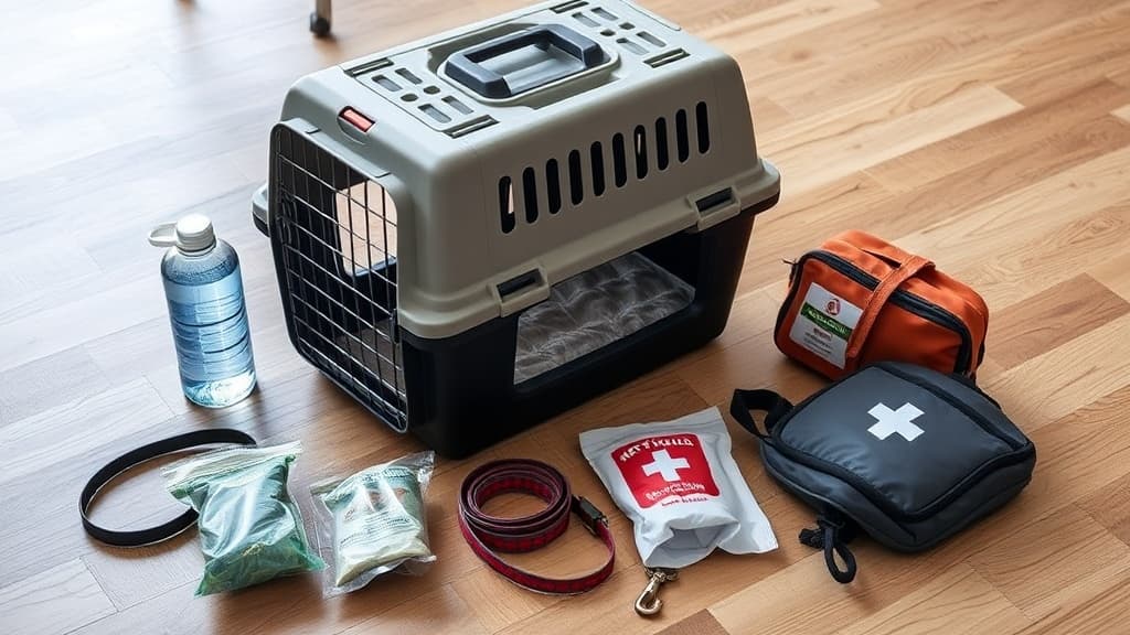 災害時のペット避難用品セット。クレートキャリア、水ボトル、リード、フード、救急用品が木製床に配置されている
