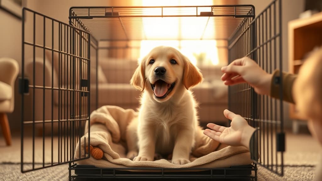 クレートに入った犬