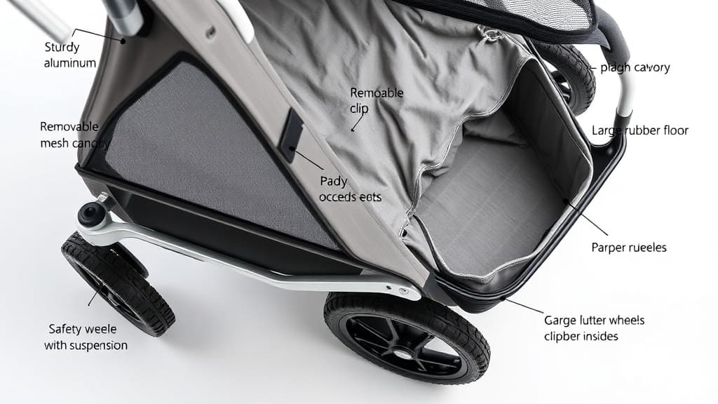 犬用カートの主要機能を示す詳細画像。アルミフレーム、メッシュキャノピー、ラバーホイール、安全クリップなどの選び方ポイントを視覚的に説明