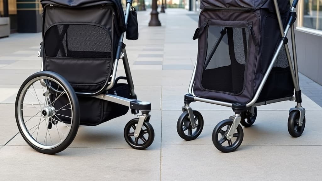 3輪と4輪のペットカートを並べて比較した画像。左の3輪は機動性重視、右の4輪は安定性重視の設計