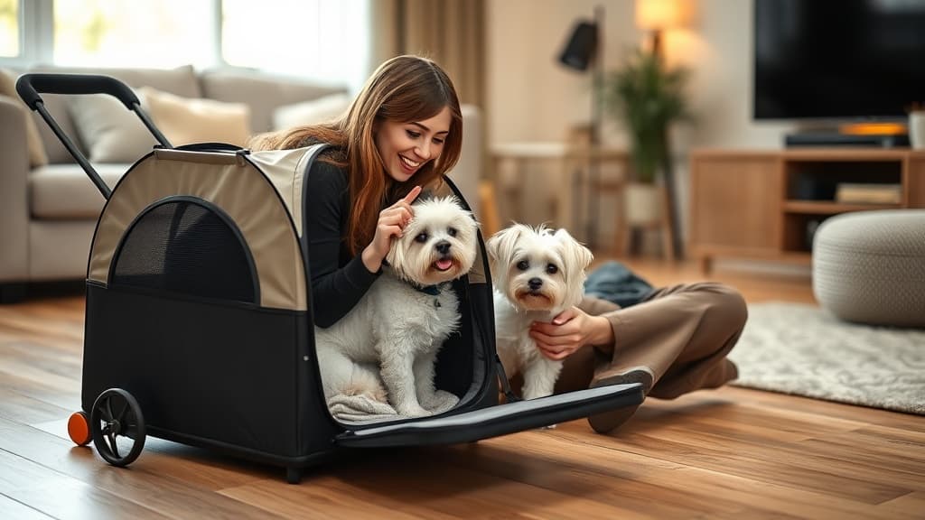 リビングで犬用カートに小型犬を慣れさせている女性、室内での犬のカート訓練の様子