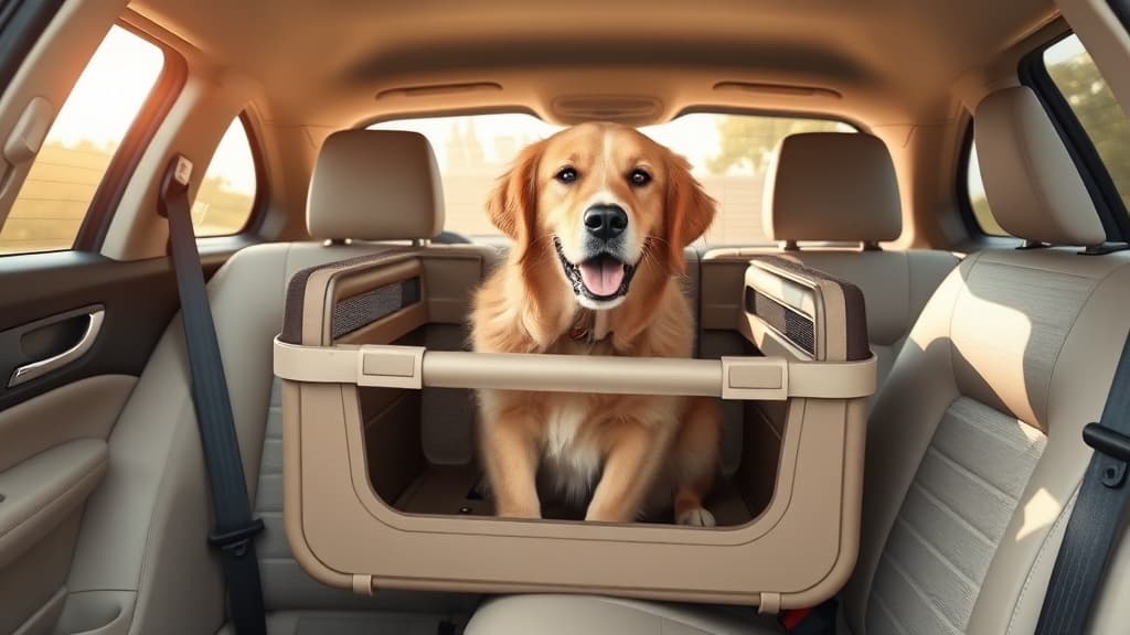 車の後部座席に設置されたベージュのドライブボックス内で快適に座るゴールデンレトリバー