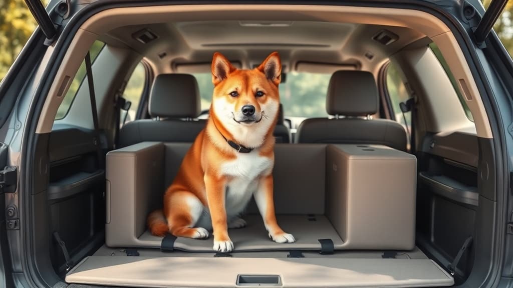 SUVのトランクに設置されたドッグボックスに座る柴犬・後部座席とトランクでの設置方法の違いを示す画像