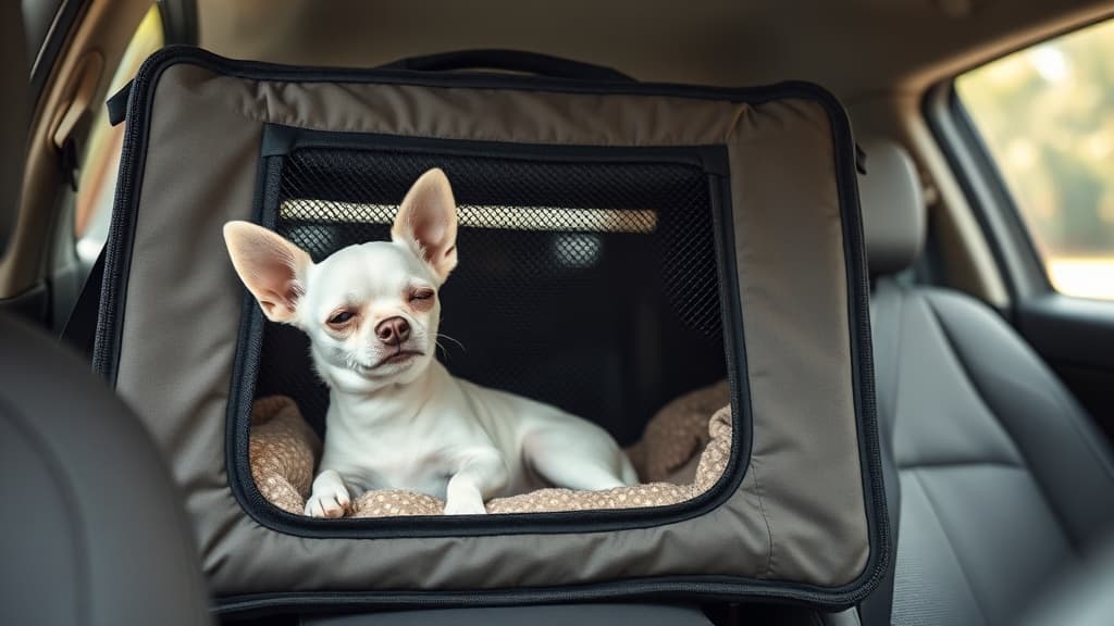 車酔いしやすい犬のための通気性の良いメッシュ窓付きドライブボックスで快適に過ごす白いチワワ