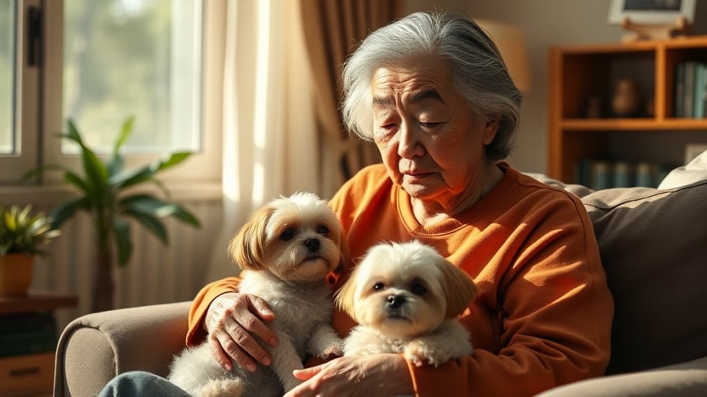 小型犬を膝に乗せて座る高齢女性。ペットの通院に悩む高齢者の状況を表現した室内の様子