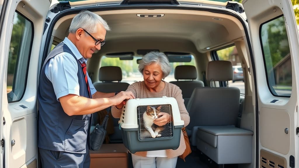 ペットタクシーのドライバーが高齢女性の猫のキャリーケース運搬をサポートしている様子