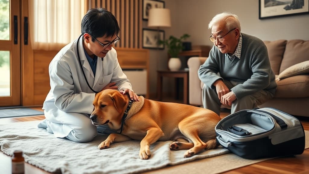 自宅で犬を診察する往診獣医師と安心して見守る高齢の飼い主