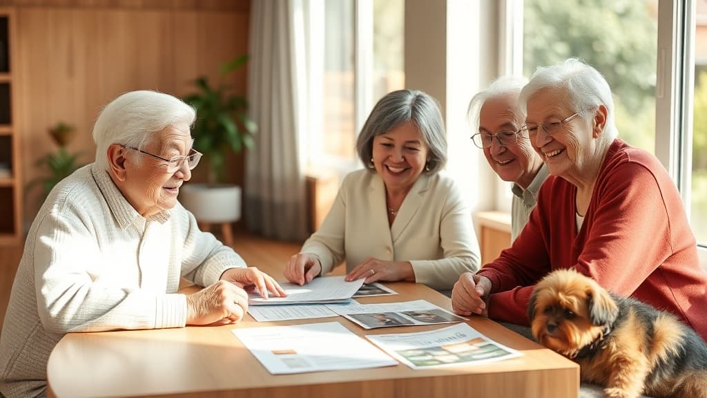 地域サポートネットワークの相談風景。高齢夫婦とペットシッター女性が資料を見ながら話し合い、小型犬も同席