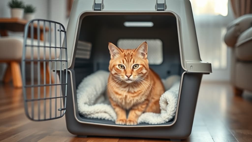 キャリーバッグの中でリラックスしている茶トラ猫。動物病院への移動準備が整った状態