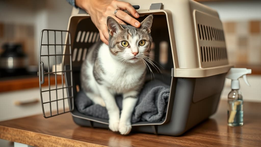 キャリーバッグに入った猫を優しく撫でる飼い主の手、段階的トレーニングの様子