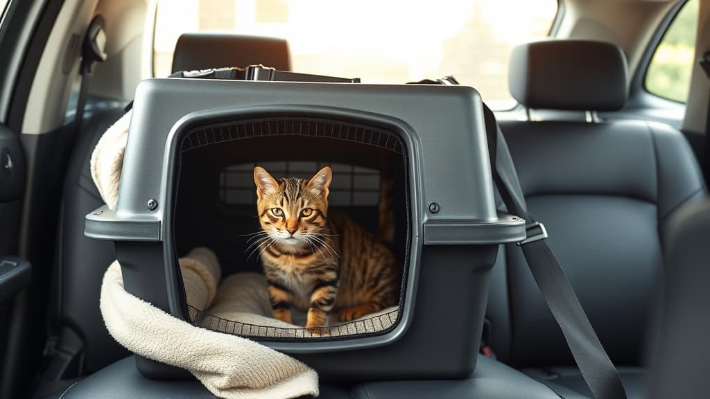 車内でシートベルトで固定されたペットキャリーに入る落ち着いた縞模様の猫