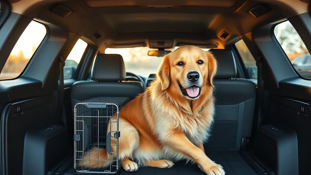 車の荷室でクレートと一緒に安全に過ごすゴールデンレトリーバー犬の車内旅行風景
