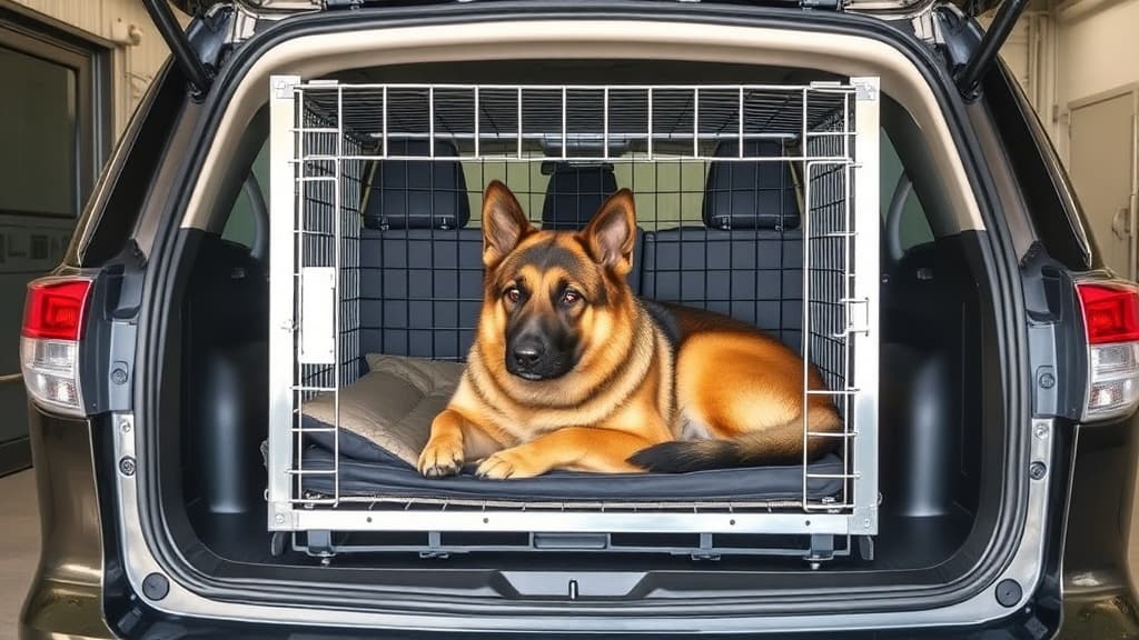 SUVの荷室に設置された大型犬用クレートの中で快適に過ごすジャーマンシェパード