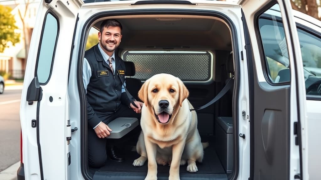 白いペットタクシーの車内でラブラドール犬と笑顔のプロドライバー、清潔で安全な専用車両でのペット輸送サービス