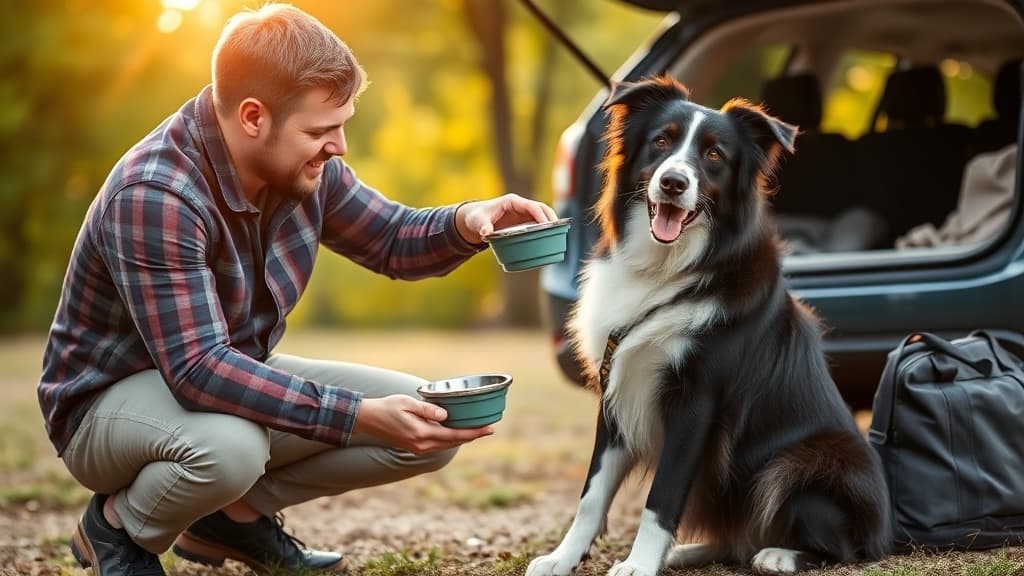 車での移動時に大型犬に水を与える飼い主、移動前後のケアとして適切な水分補給を実践している様子