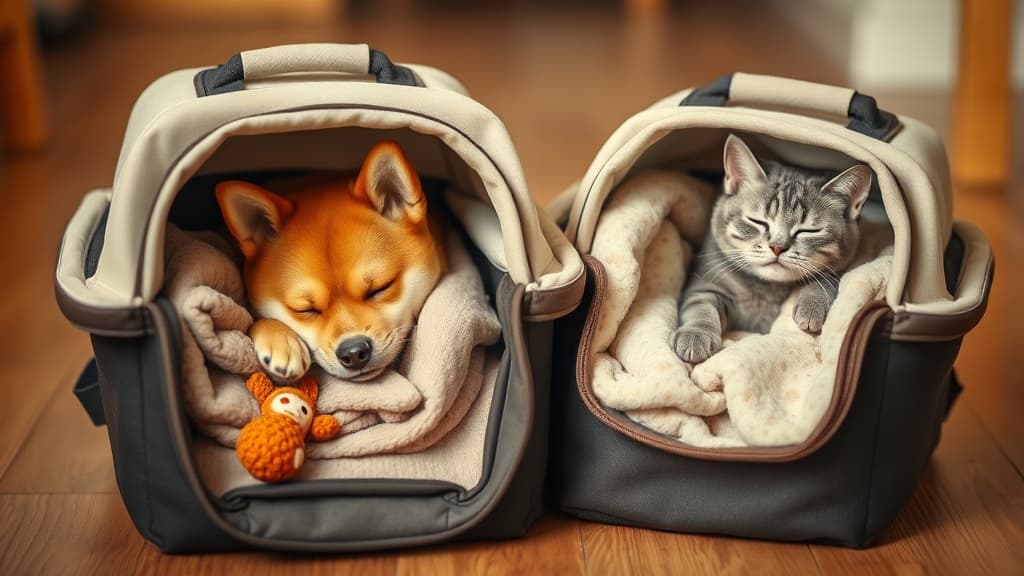 キャリーバッグでリラックスする柴犬と猫、移動中のストレス軽減のためのペット用品