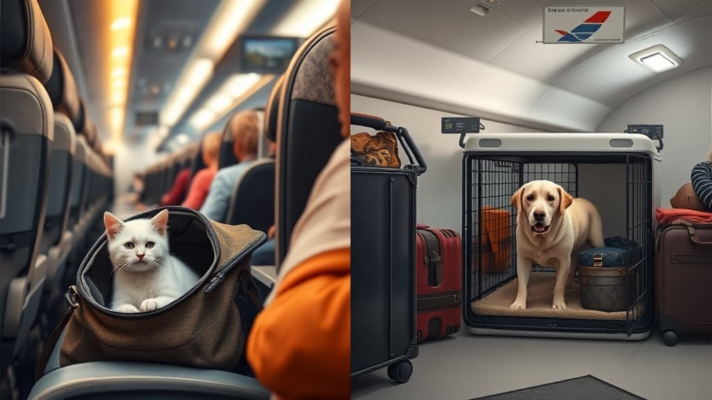 機内持ち込みキャリーに入った白い猫（左）と貨物室のハードケースに入ったラブラドール犬（右）の比較画像