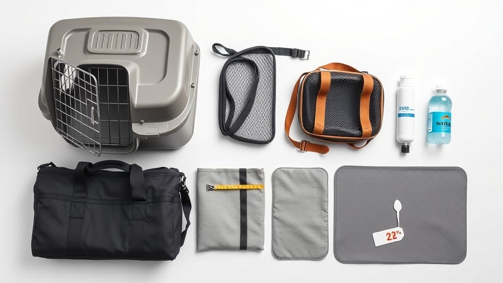 航空会社認定ペットキャリーと旅行用アクセサリー一式：ハードケース、ソフトキャリー、計測テープ、吸水マット等