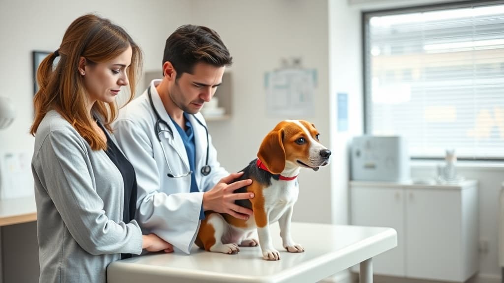 獣医師によるビーグル犬の健康診断の様子。飼い主が心配そうに見守る獣医クリニックでの診察風景