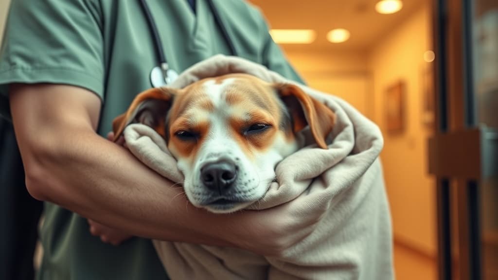 麻酔後で眠そうな犬を毛布に包んで優しく抱きかかえる飼い主の手。動物病院での術後ケアの様子。
