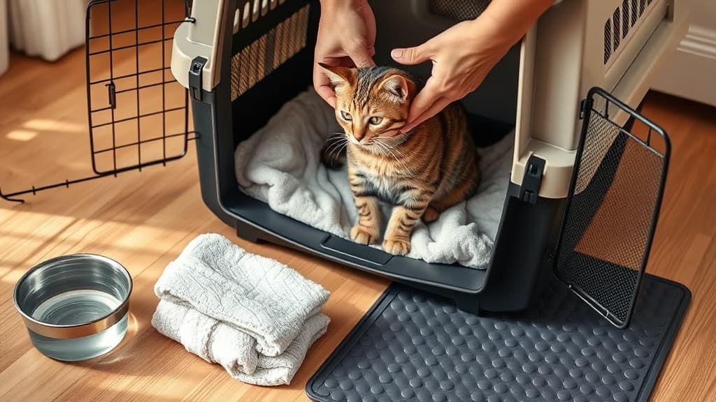 術後の猫に適したキャリーケージの準備例。柔らかい毛布、水入れ、タオル、クールマットを配置し猫を優しく移動させる様子