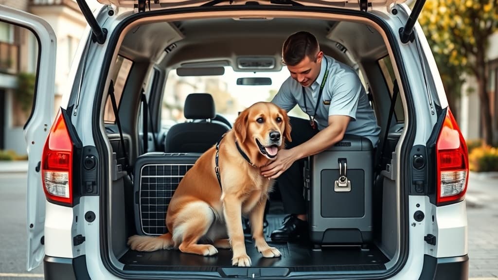 ペットタクシーサービスの様子。制服を着た運転手が専用車両でゴールデンレトリバーをケアしている