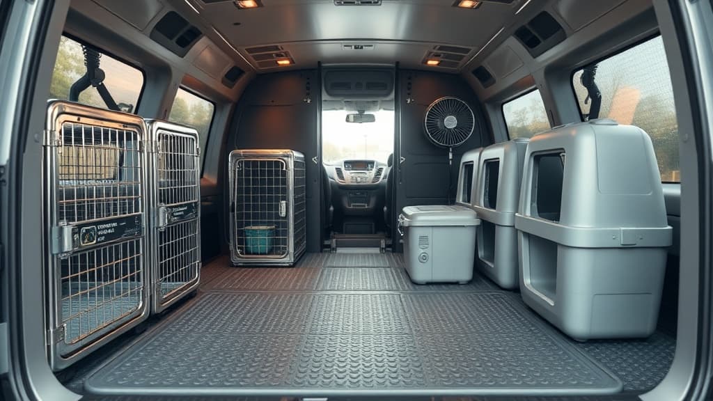 ペットタクシー用車両の内装設備：安全ケージ、滑り止めマット、換気扇を完備したプロ仕様の改造車両