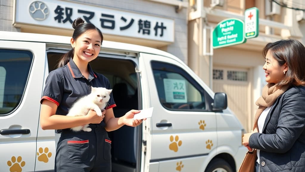 ペットタクシー事業者が顧客に名刺を渡している様子。白い子猫を抱き、動物病院前でマーケティング活動を行う