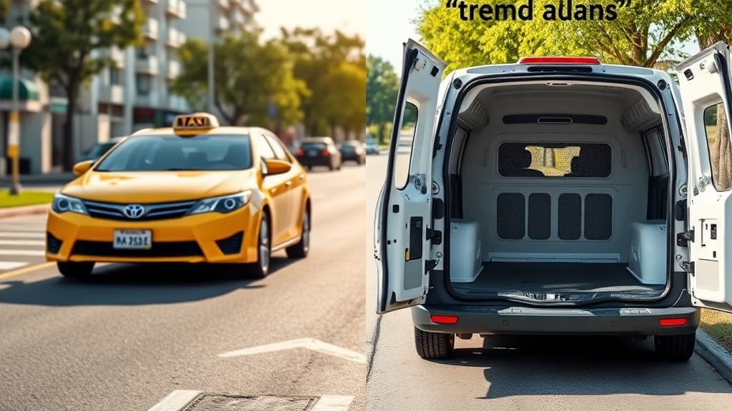 左側に黄色の一般的なタクシー、右側にペット輸送用の白いバンが並んだ比較画像