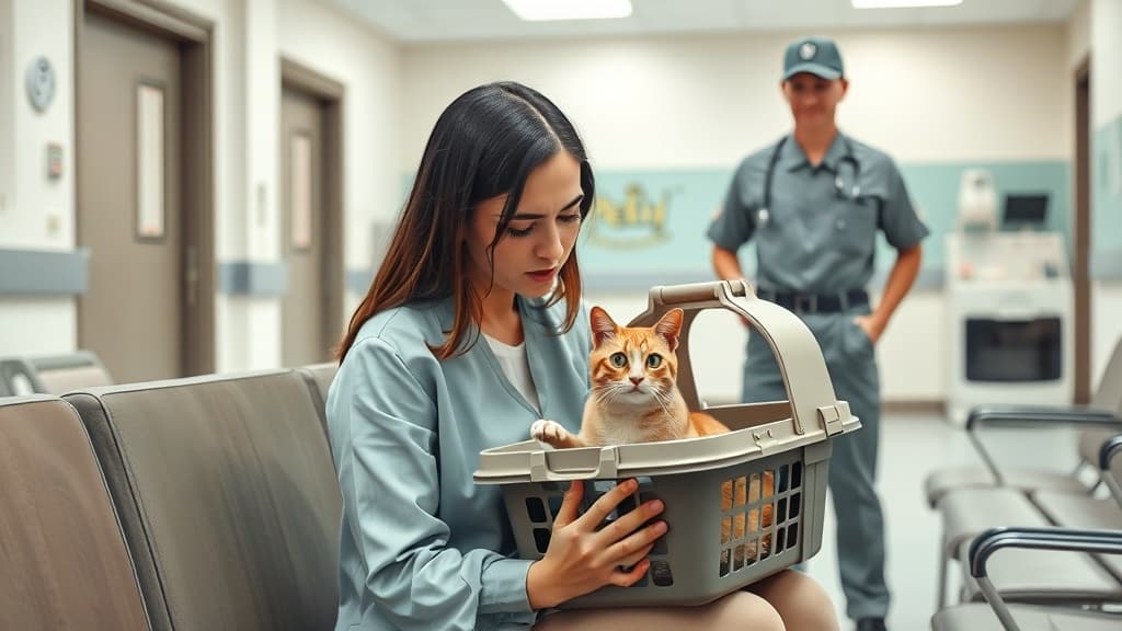 動物病院の待合室でキャリーバッグに入った猫を抱く女性とペットタクシー運転手