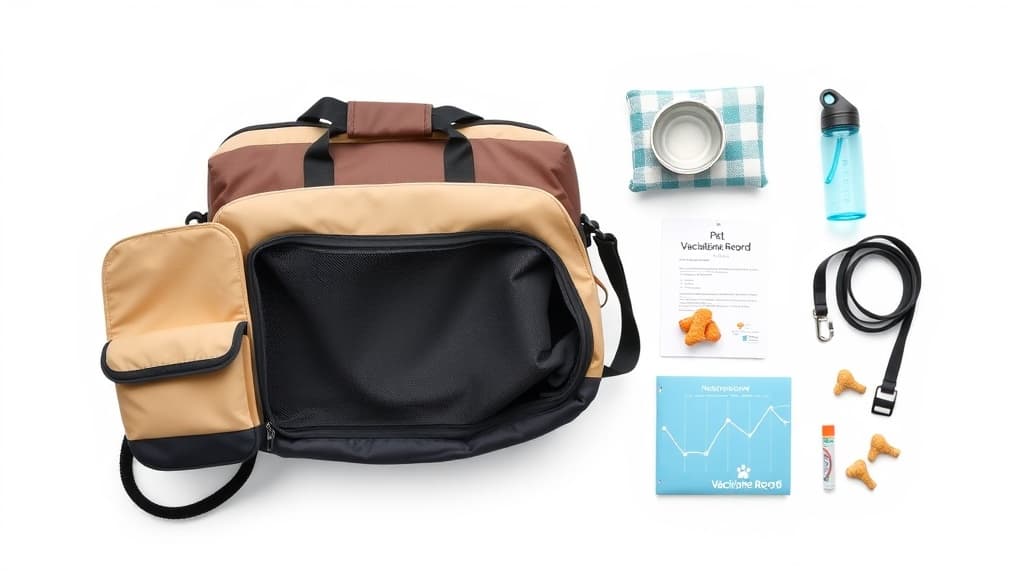 ペットタクシー利用時の準備物一式：キャリーバッグ、水筒、リード、ワクチン証明書、おやつが整理された写真