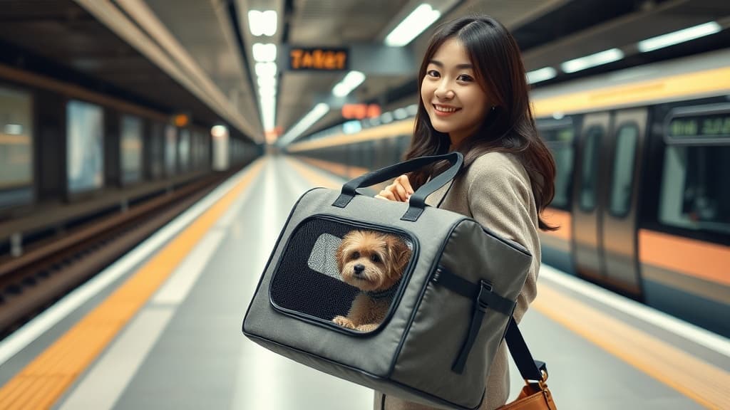 電車のホームでペットキャリーバッグを持つ日本人女性。バッグの中には小型犬が見える