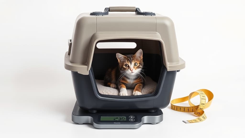 デジタルスケールで重量を測定中のペットキャリーとメジャー、中から覗く子猫