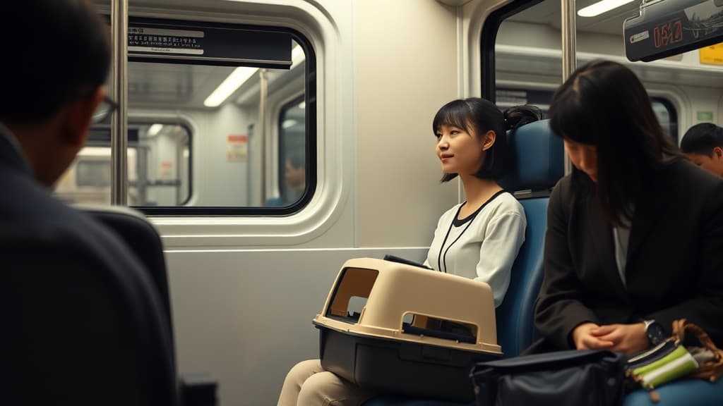 電車内でペットキャリーを膝に置いて静かに座る女性と周囲の乗客たち