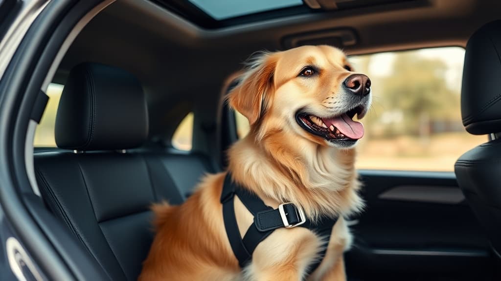 後部座席でハーネス型シートベルトを装着した中型犬が落ち着いて座っている様子
